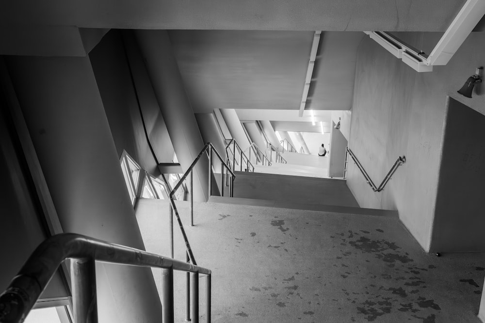 a black and white photo of a stairwell