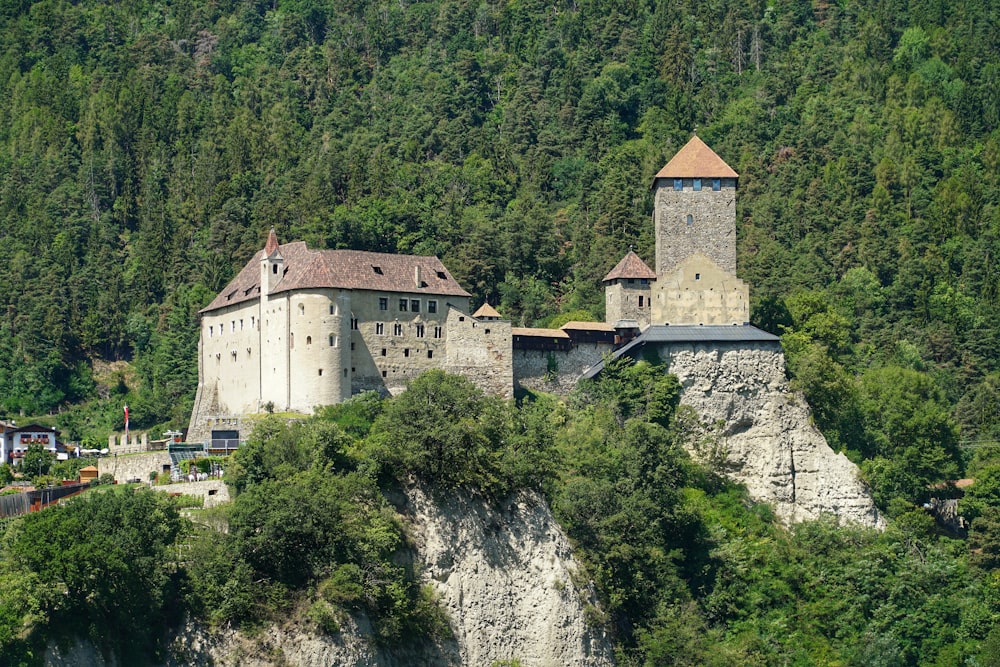a castle perched on top of a mountain surrounded by trees