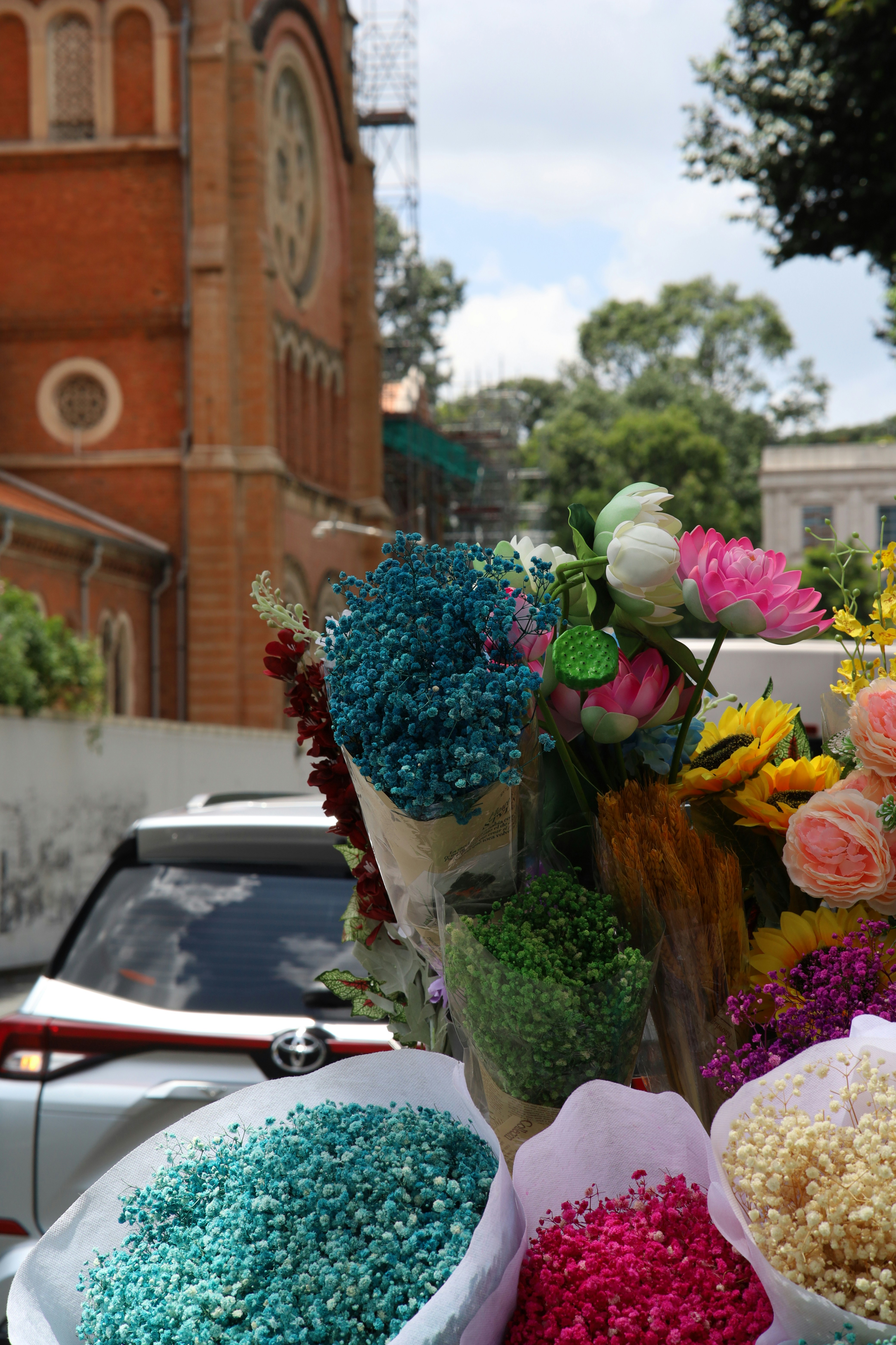 a bunch of flowers that are on a table