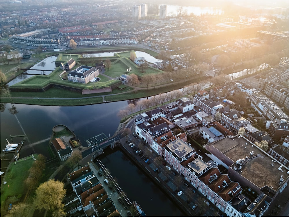 an aerial view of a city with a river running through it