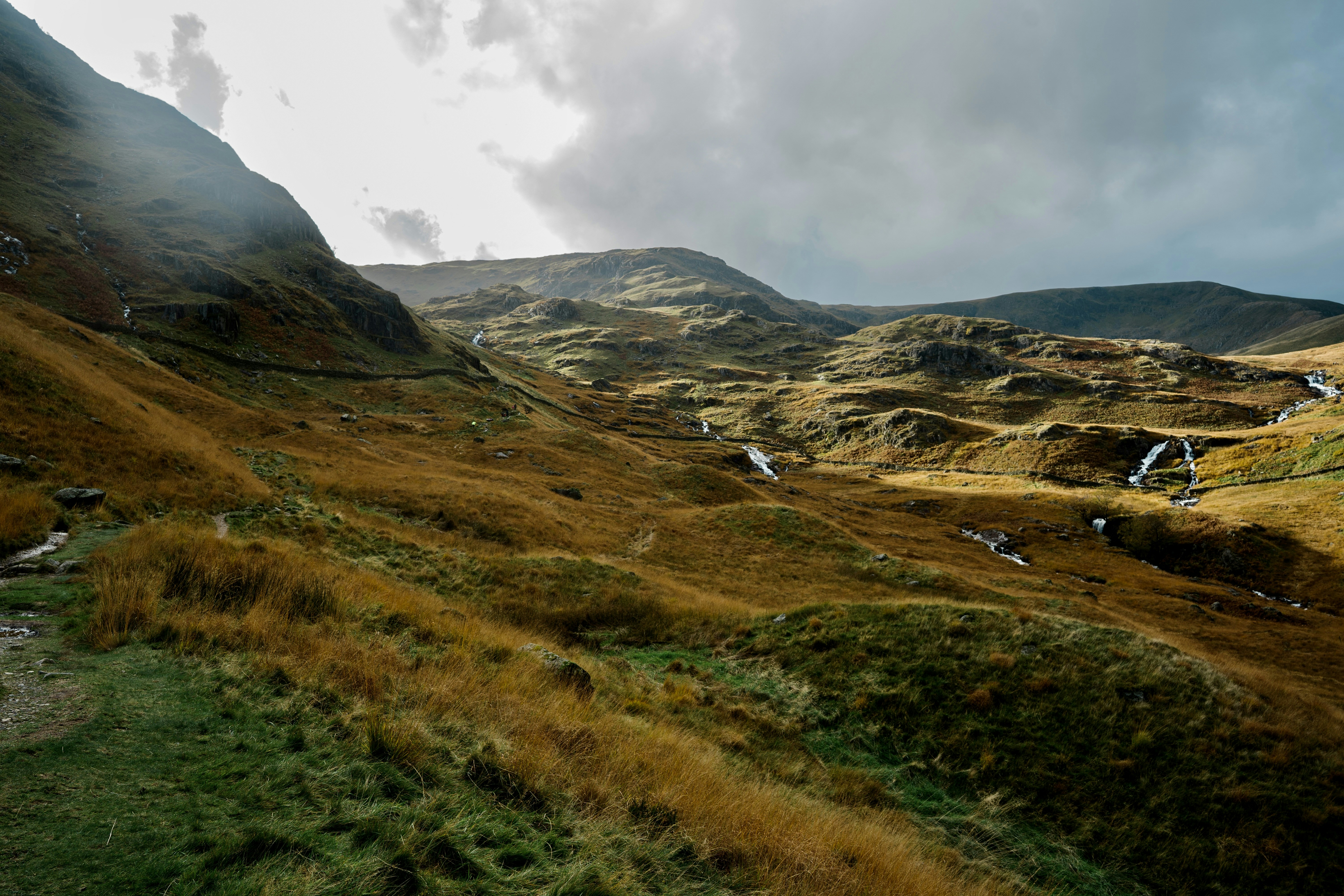 a view of a grassy valley with mountains in the background