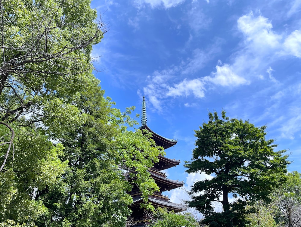 a tall building surrounded by trees under a blue sky