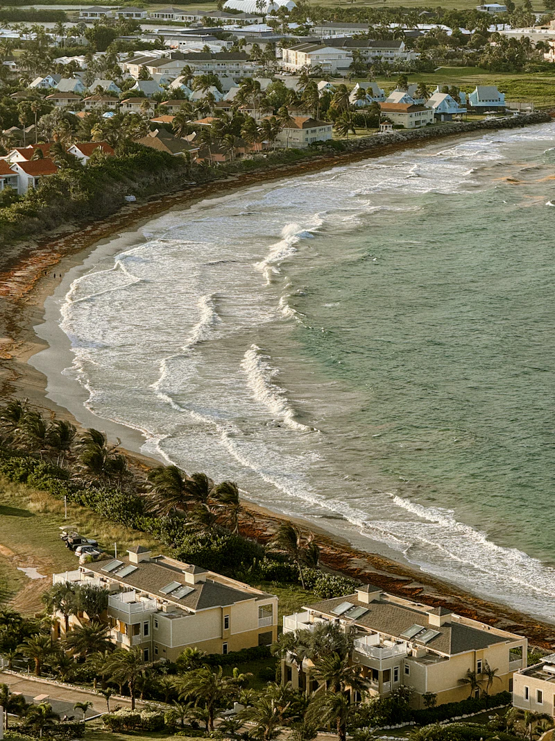 Aerial view of a Caribbean beach and ocean