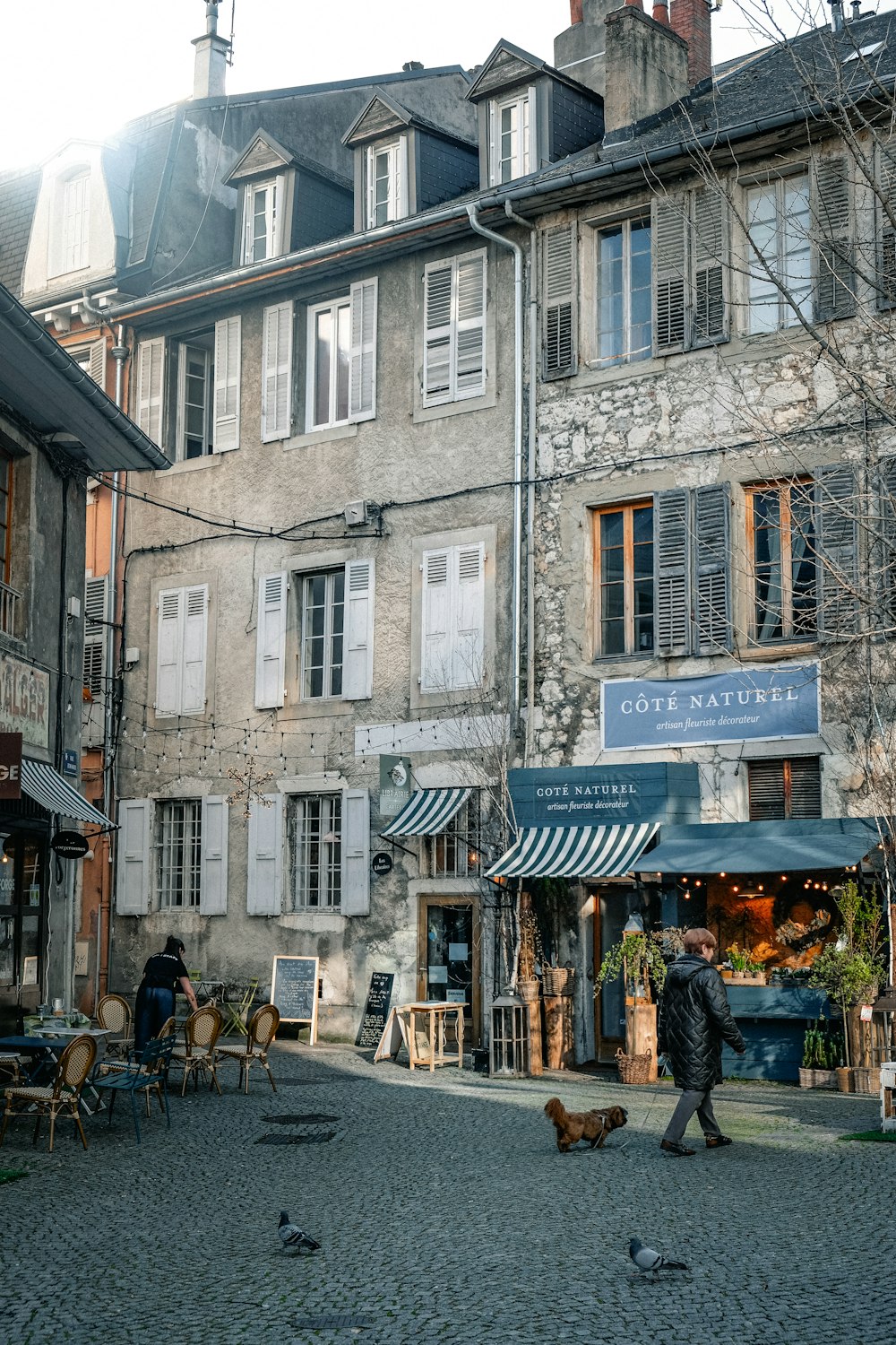 a man walking a dog down a cobblestone street