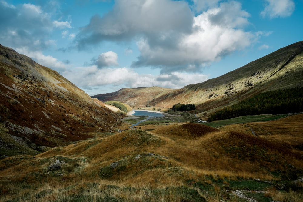 a view of a valley with a lake in the middle of it