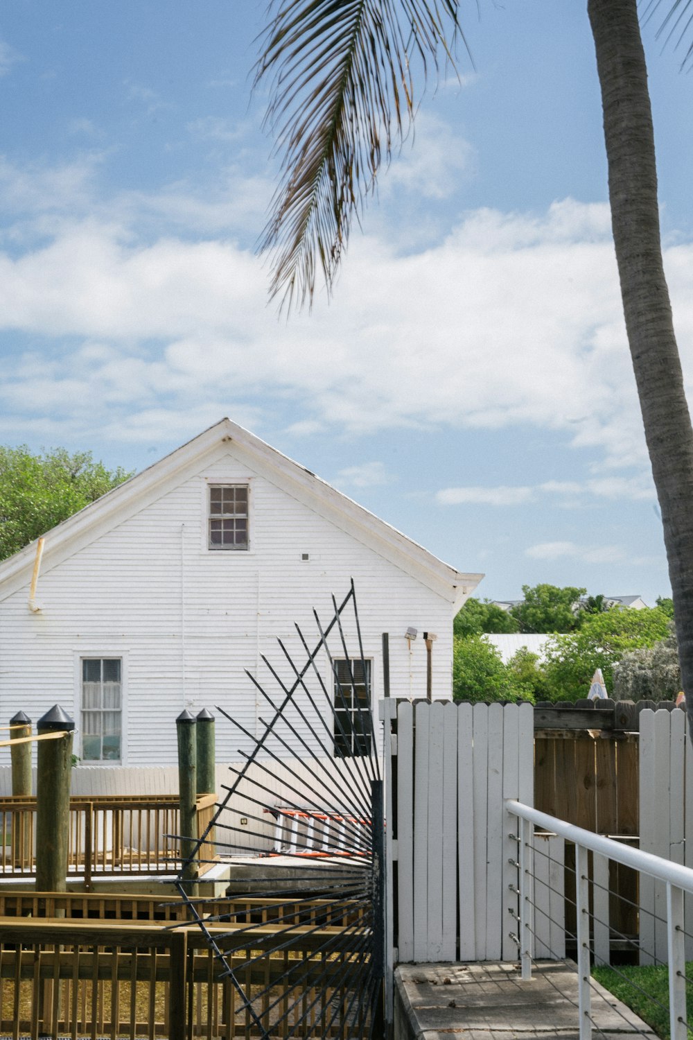 a white house with a palm tree in front of it