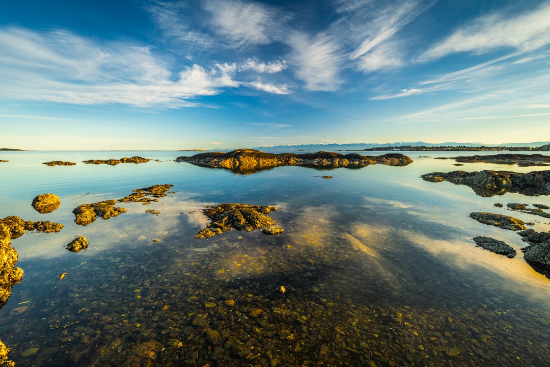 a body of water surrounded by rocks under a blue sky