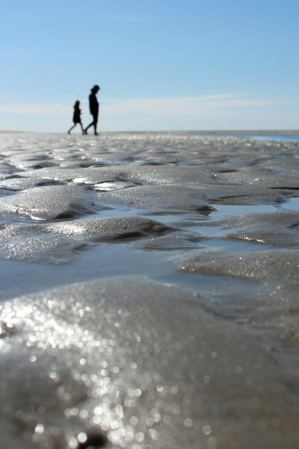 a couple of people walking across a sandy beach