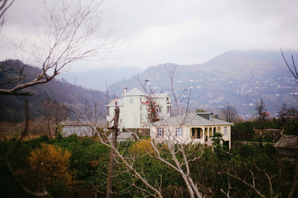 a large white house sitting on top of a lush green hillside