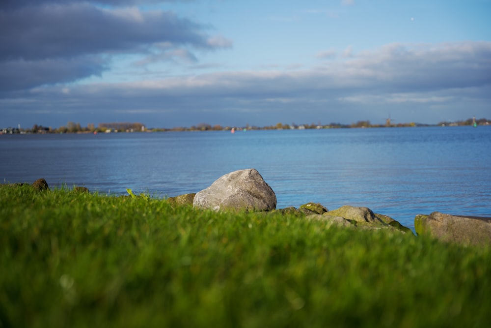 a large rock sitting on top of a lush green field