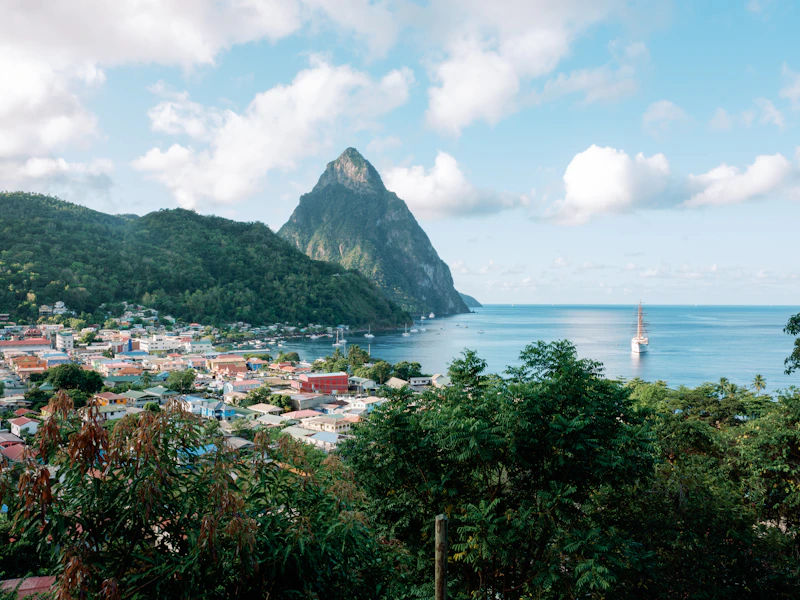 Soufrière town with Petit Piton in the distance