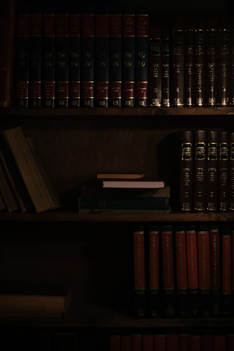 a bookshelf filled with lots of books in a dark room