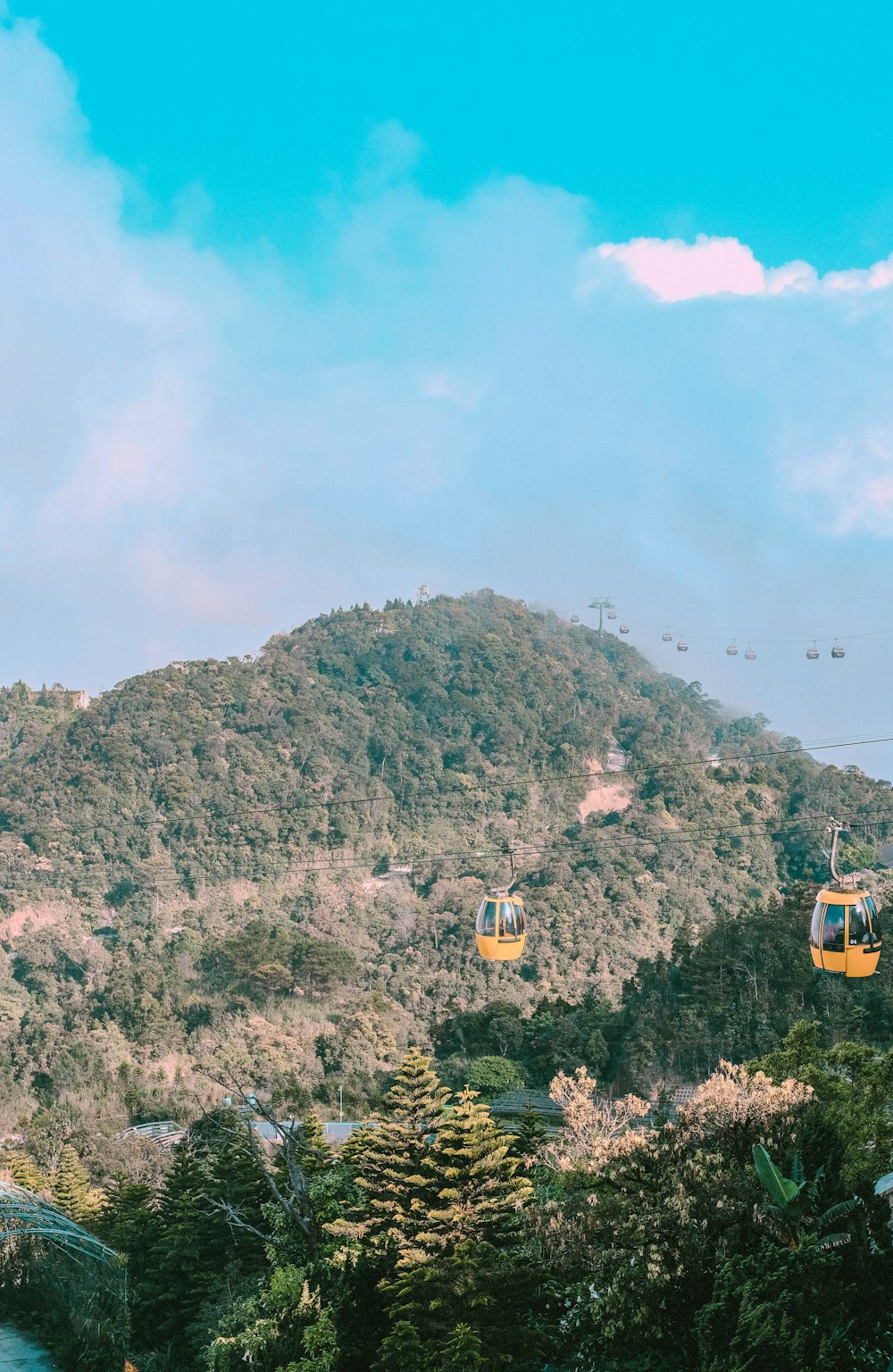 a couple of gondolas flying over a lush green hillside