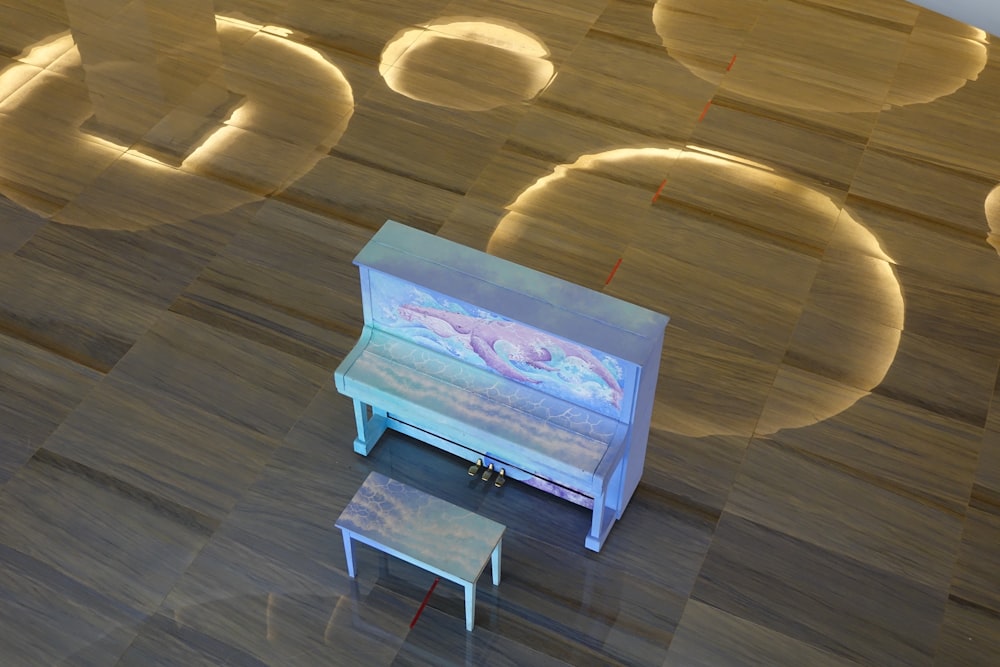 a computer generated image of a desk and stool