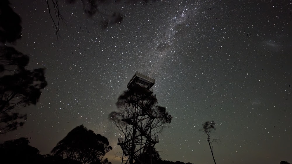 the night sky with stars and a tower