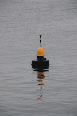 a yellow and black buoy floating on top of a body of water