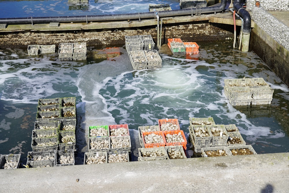 a bunch of crates that are in the water