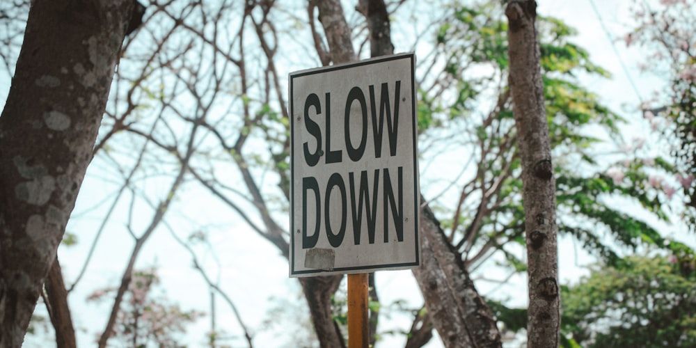a slow down sign in front of some trees