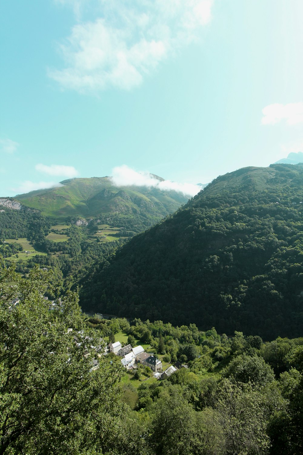 a view of a lush green valley surrounded by mountains
