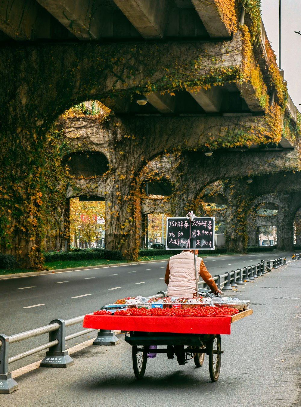 a person sitting on a red cart on the side of a road