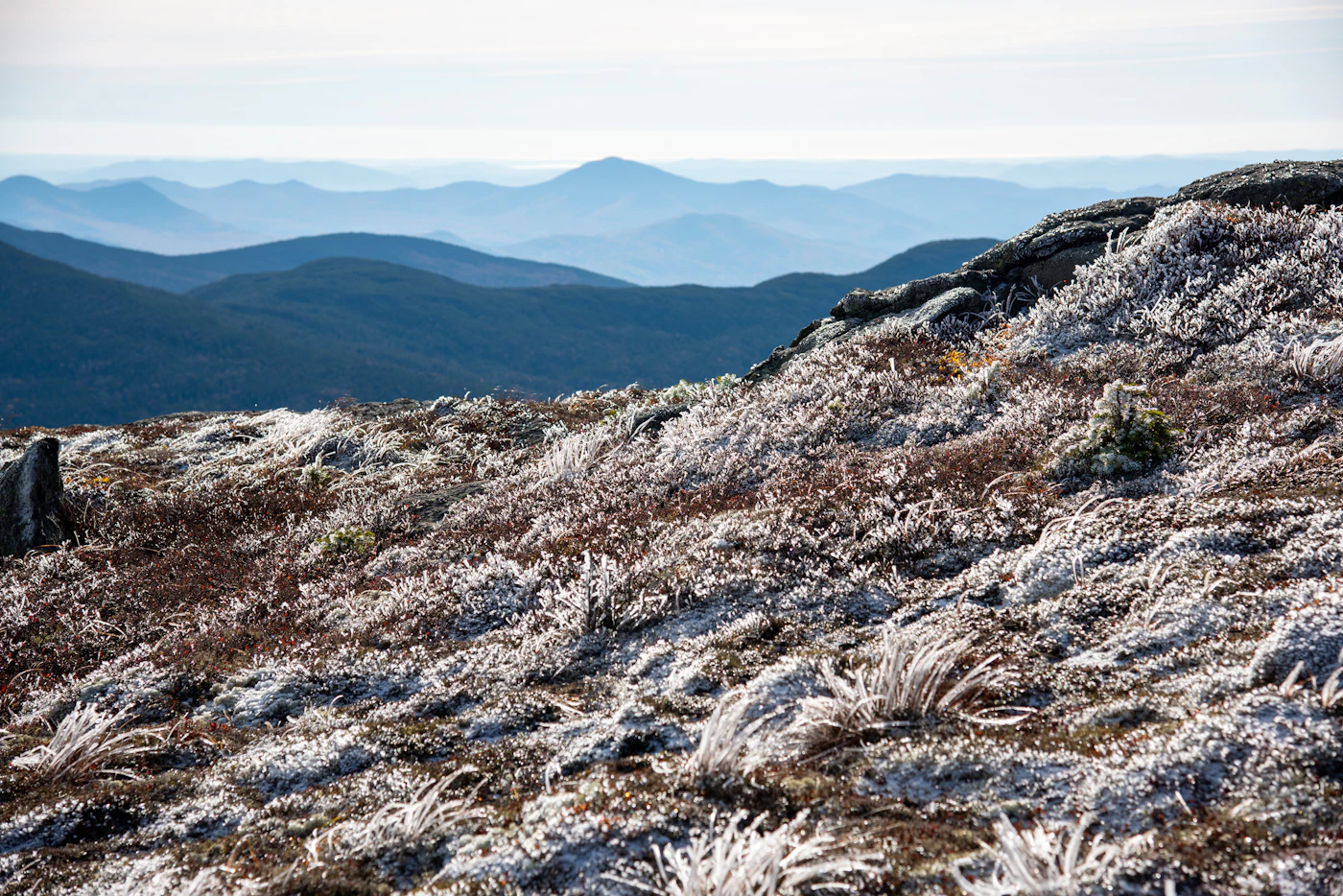 A view of the White Mountains under broken clouds, New Hampshire