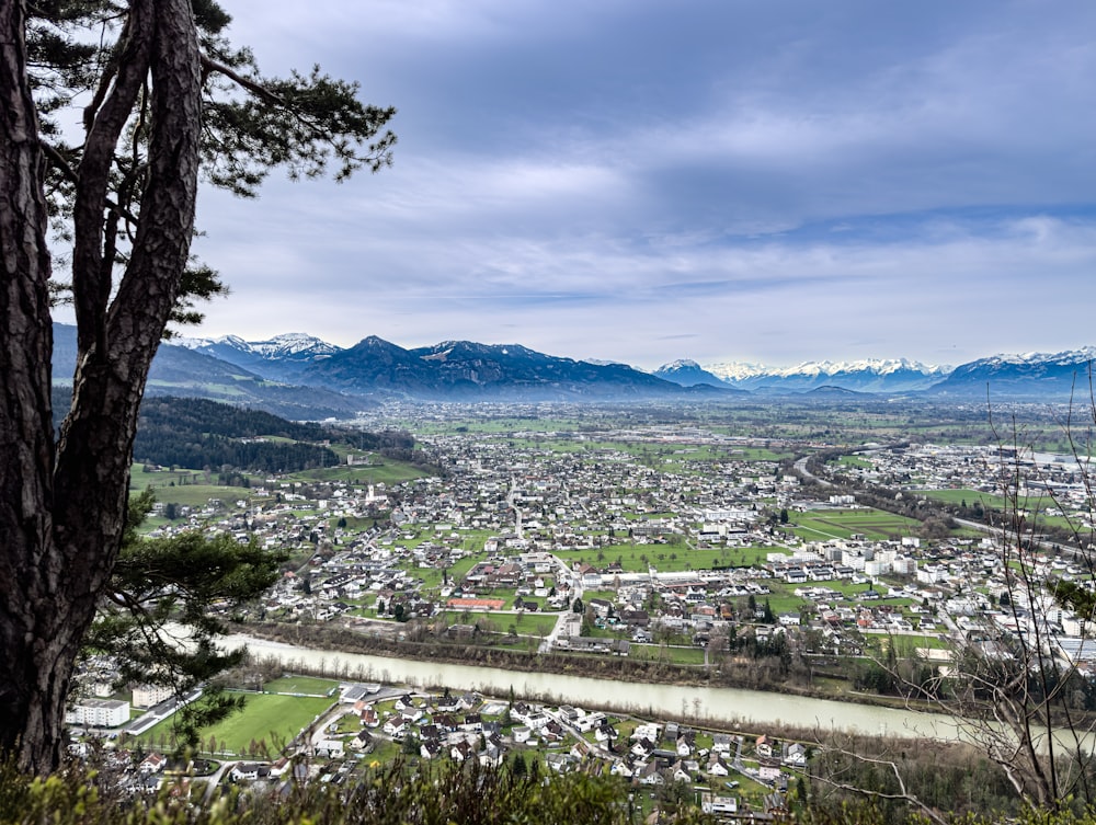 a view of a city with mountains in the background