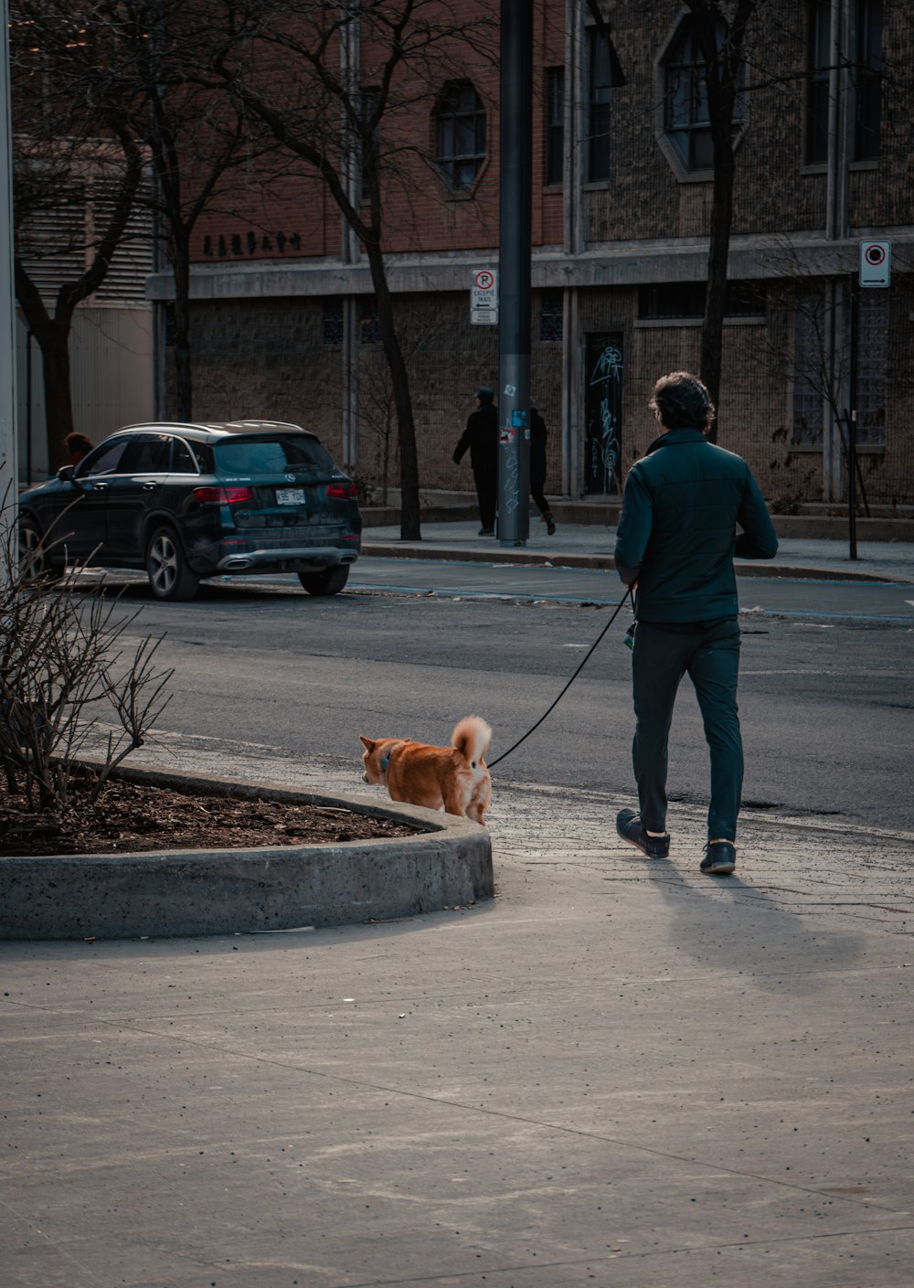 a man walking a dog on a leash down a street