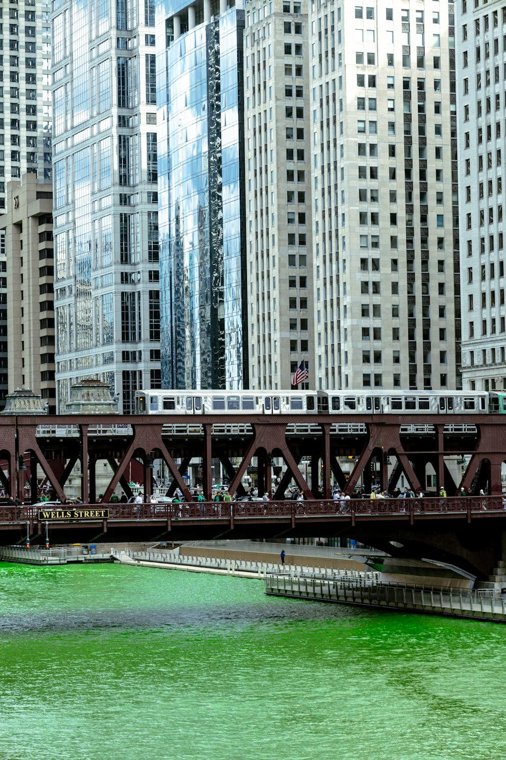 a train crossing a bridge over a body of water