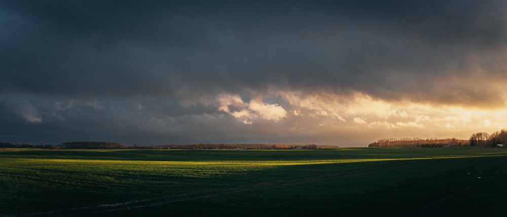 a large field of green grass under a cloudy sky