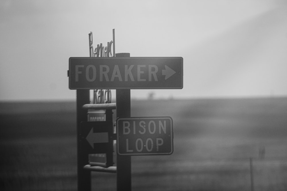 a black and white photo of two street signs