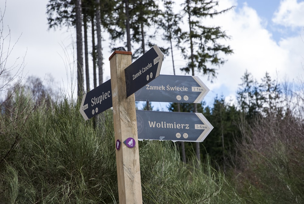 a wooden pole with a bunch of signs on it