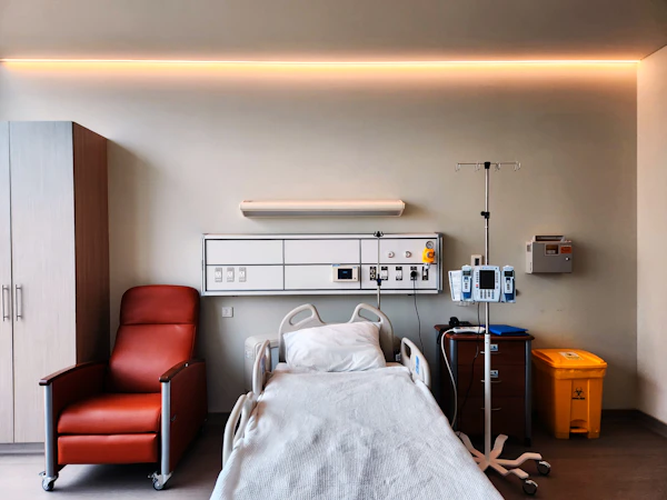 Private hospital room with an adjustable bed and companion seating
