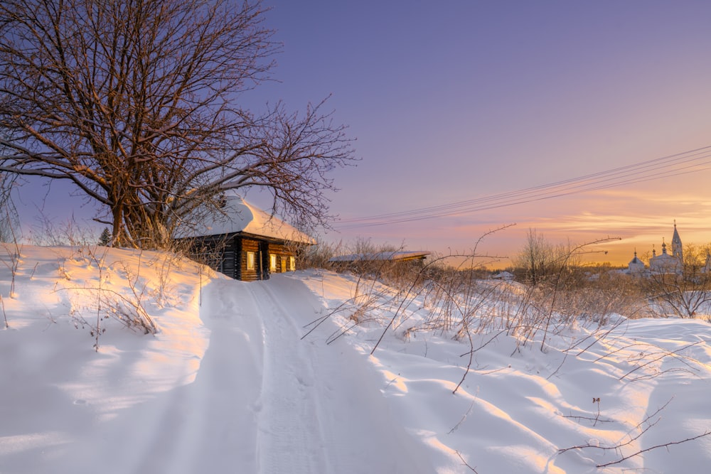a snow covered path leading to a small building