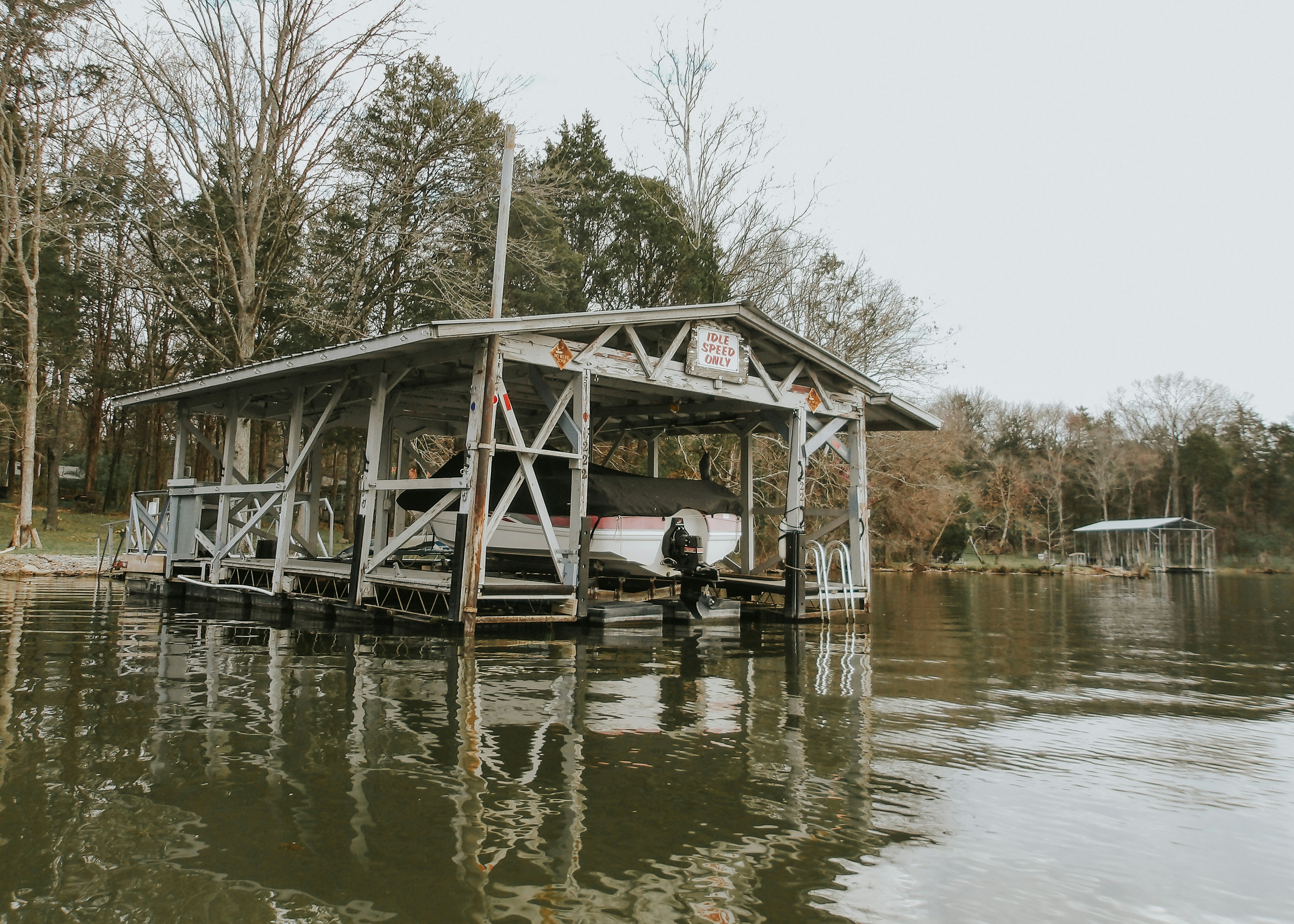 a boat sits on a dock in the water