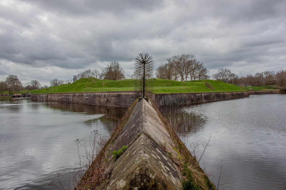 a boat sitting on top of a river next to a lush green field