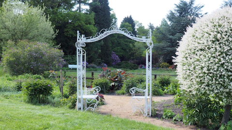a garden with a white bench and a white arbor