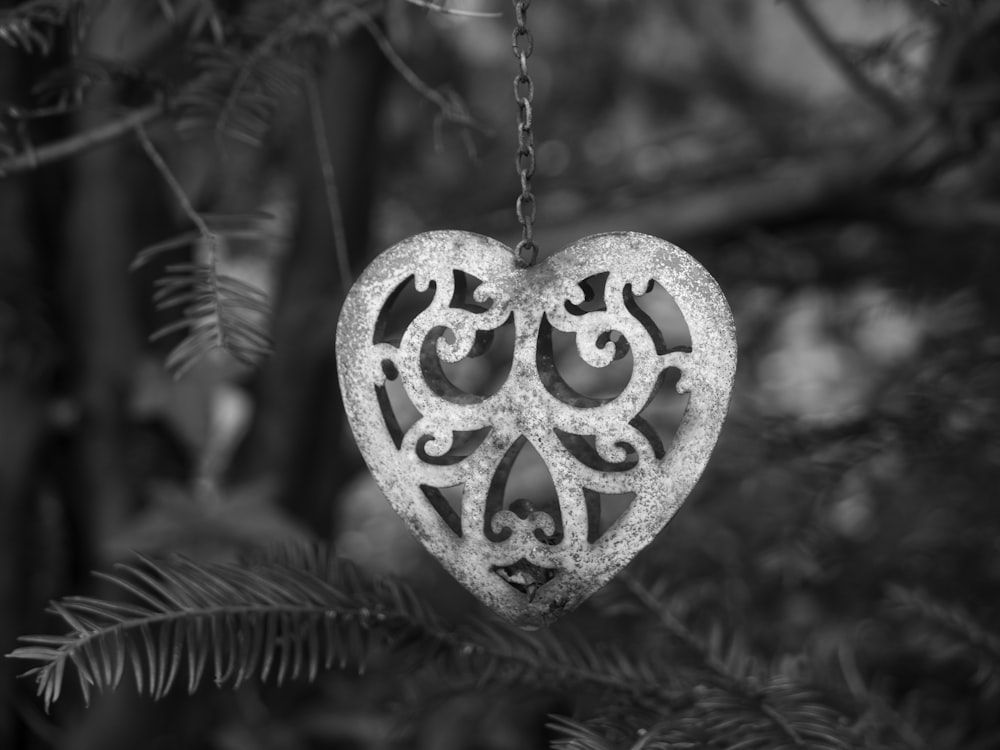 a heart shaped ornament hanging from a tree