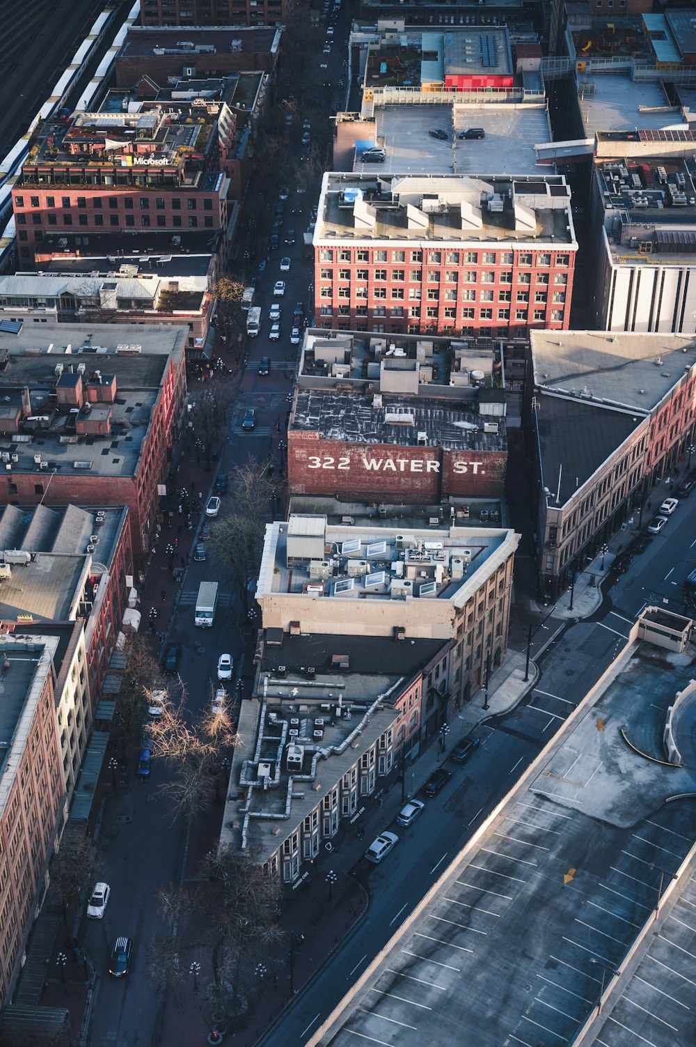 an aerial view of a city with buildings