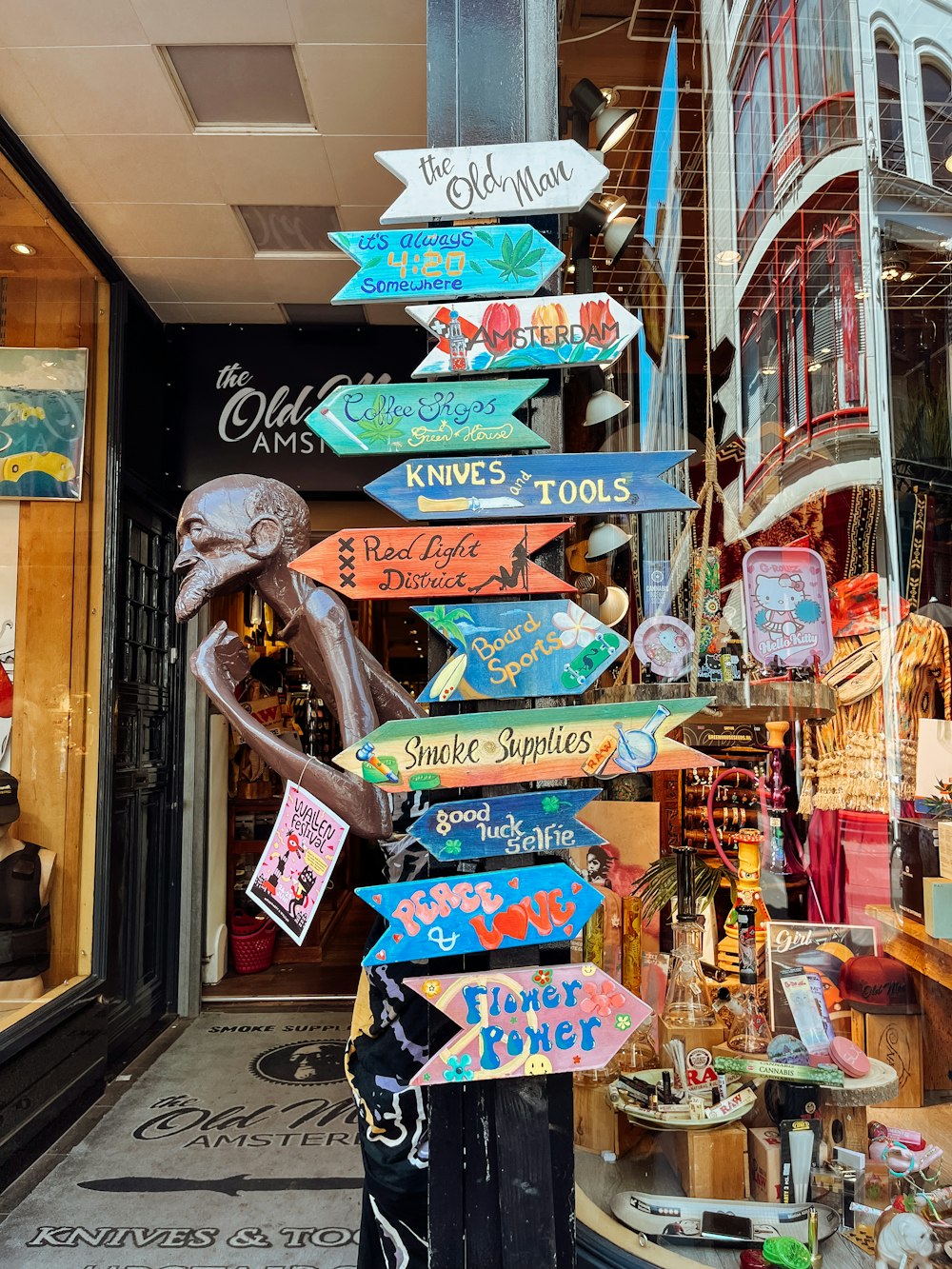 a street sign in front of a store