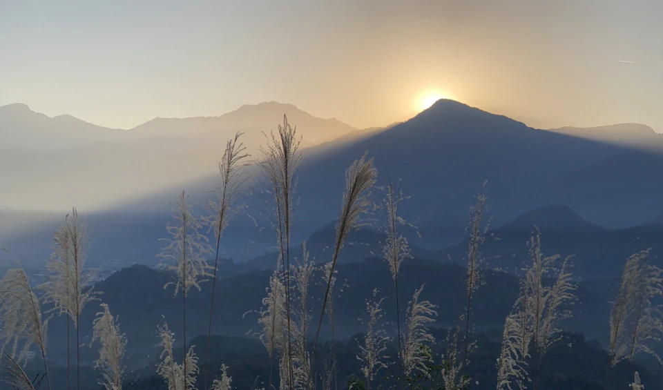 The image depicts a serene mountain landscape at sunrise or sunset, with a majestic mountain range stretching across the horizon and bathed in warm hues from the setting sun. The mountains are covered in a blanket of snow, adding to their grandeur. In the foreground, there is a field of tall grasses swaying gently under the soft light, contrasting with the rocky terrain. The sky above mirrors the color palette of the mountains below, transitioning from deep blue at the horizon to lighter shades as it ascends towards the sun.
