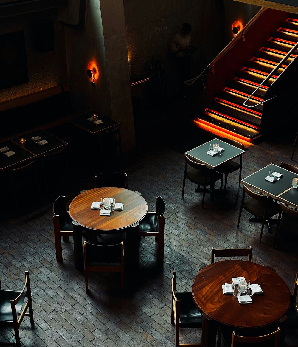 an overhead view of a restaurant with tables and chairs