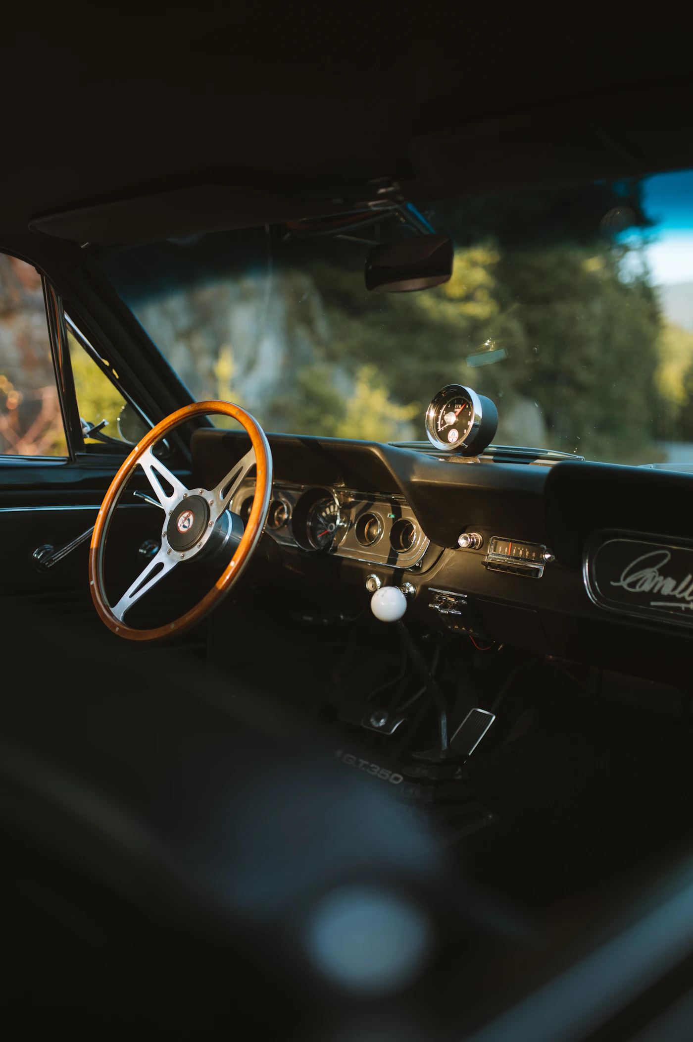 Steering wheel and dashboard viewed from inside a car