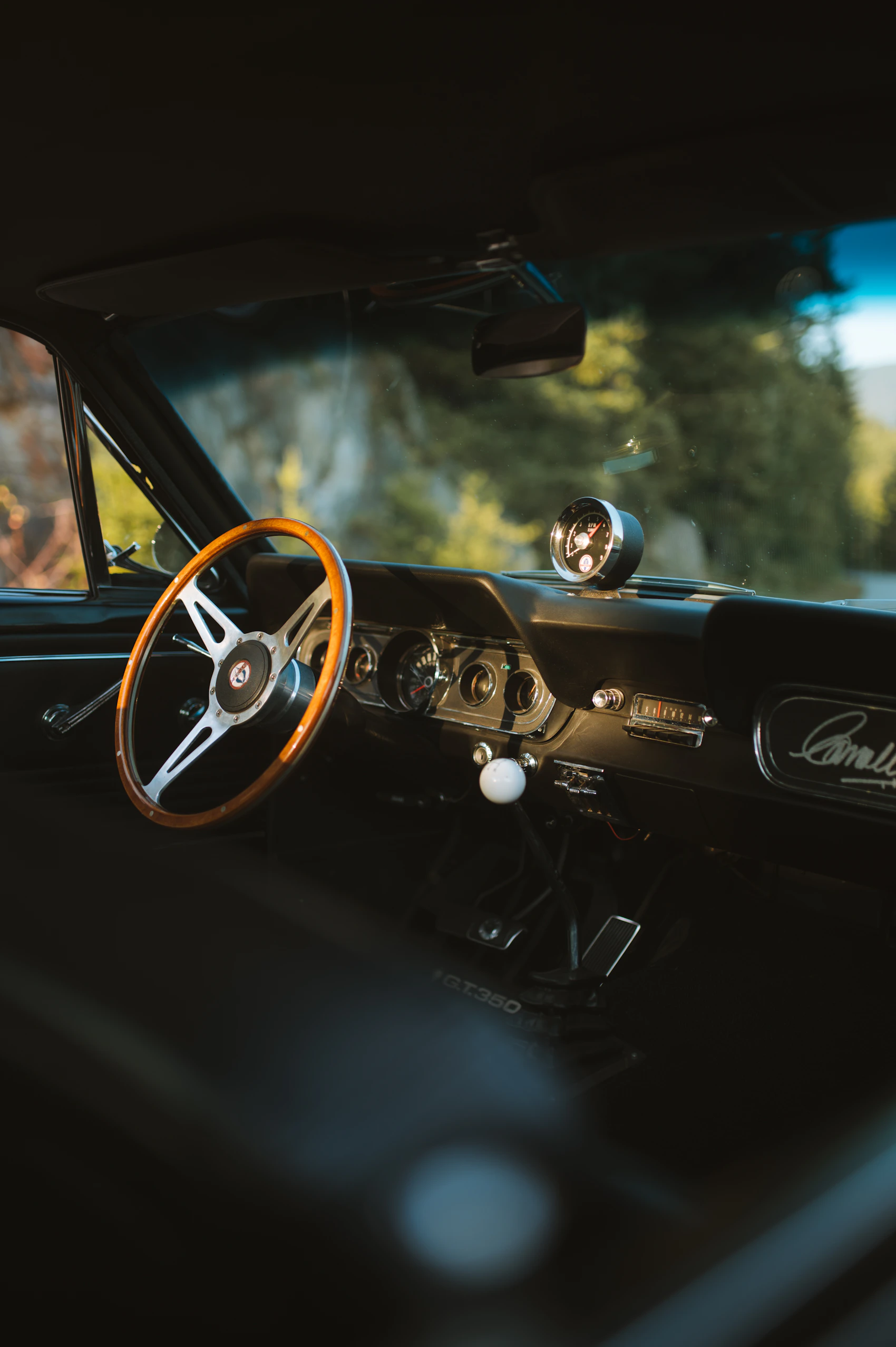 Car interior with steering wheel and dashboard