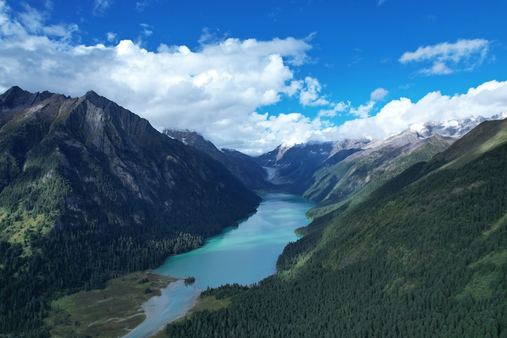 a scenic view of a lake surrounded by mountains