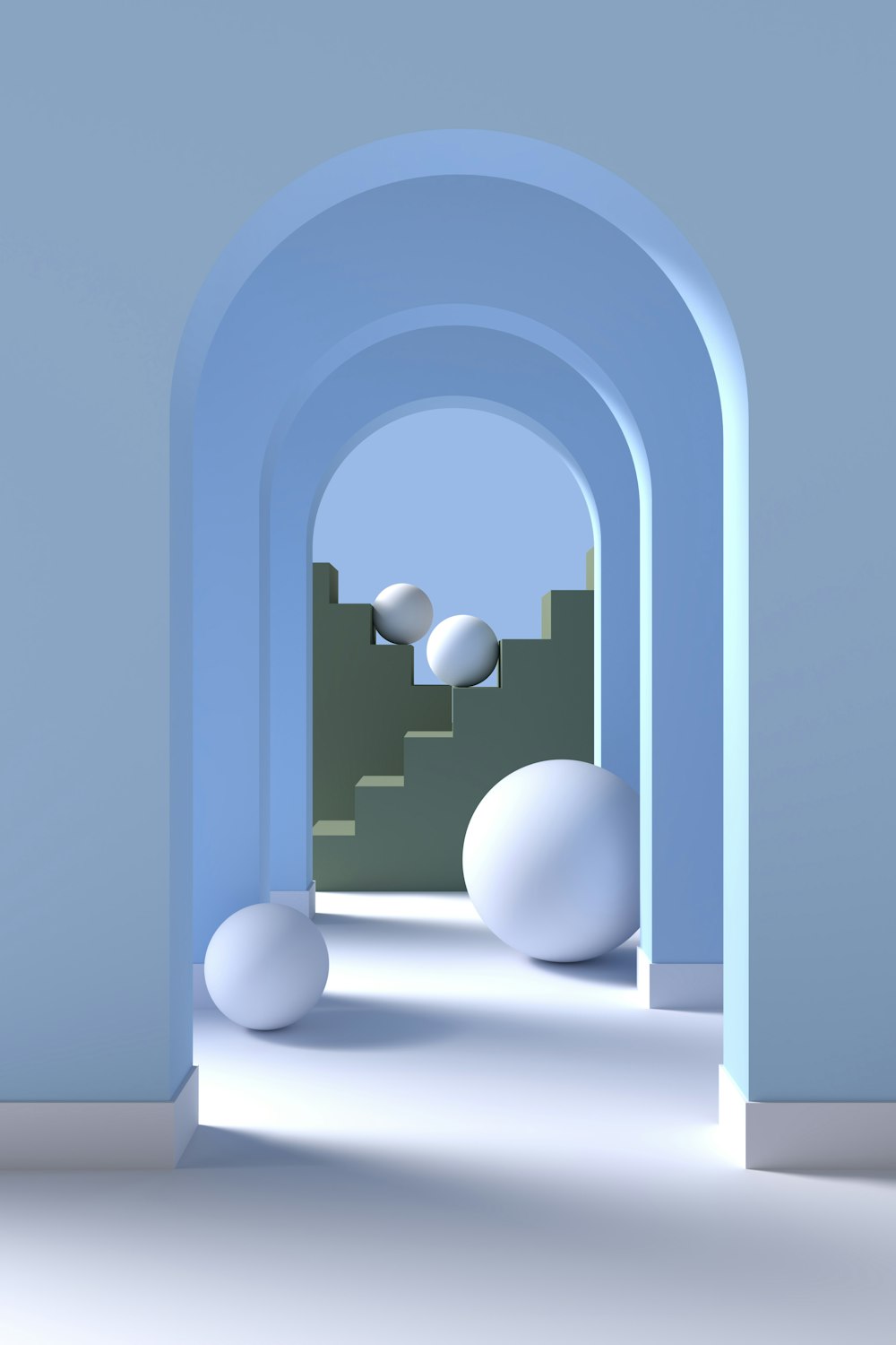 a blue archway with white balls on the floor