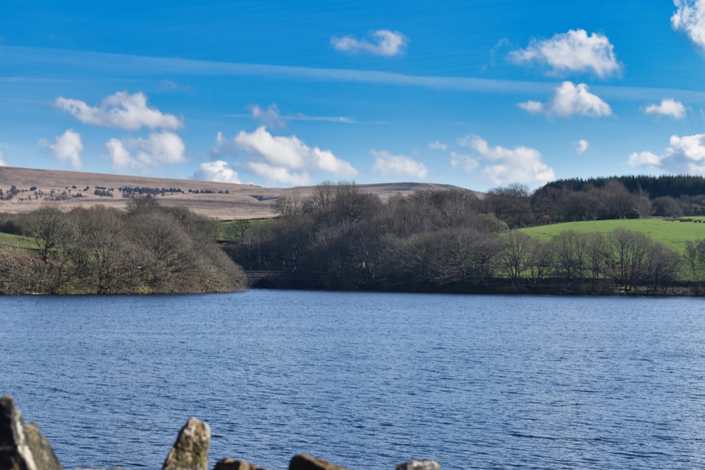 a large body of water surrounded by a lush green hillside