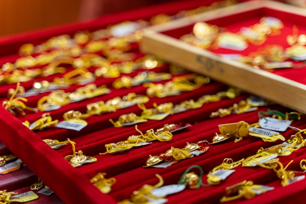 a collection of gold jewelry is on display
