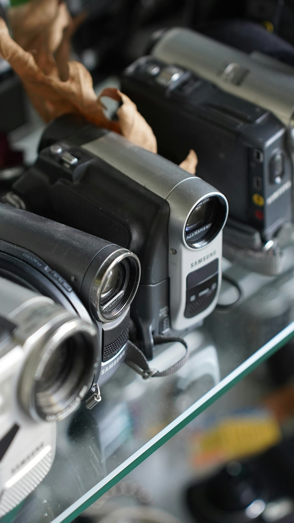 a bunch of cameras sitting on top of a glass shelf