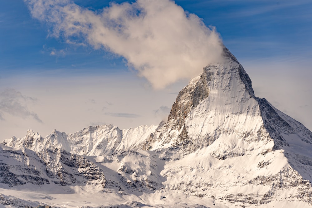 a snow covered mountain with a cloud in the sky