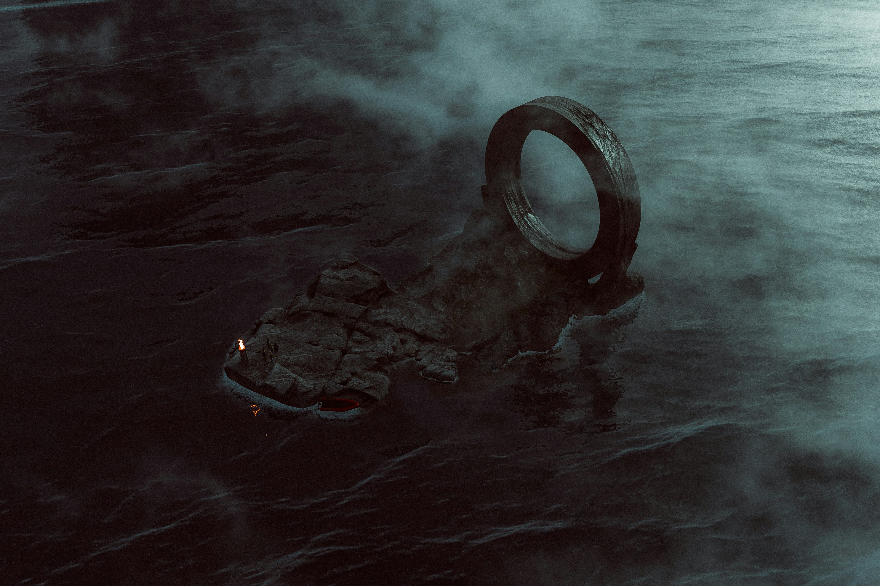 un anneau flottant au-dessus d’un plan d’eau